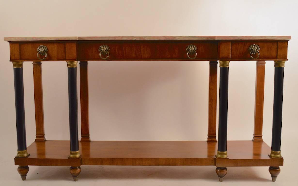 Pink marble-top three-drawer server, formal revival by John Widdicomb. Great vintage condition.