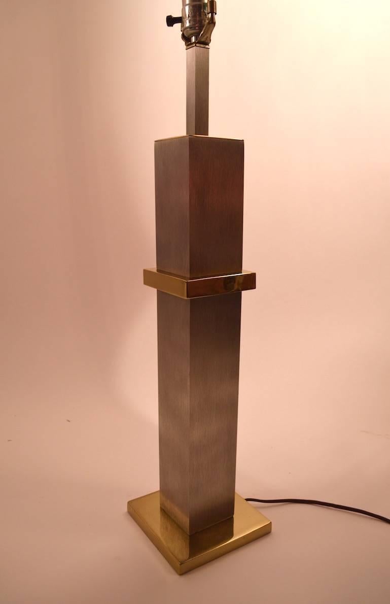Pair of squared brushed finish steel and brass plate table lamps manufactured by Laurel. Great cityscape style design, working, clean original condition. Height to top of socket measures 27.5