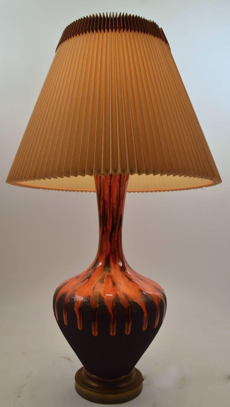 American Pair of Bulbous Orange Drip Glaze Table Lamps
