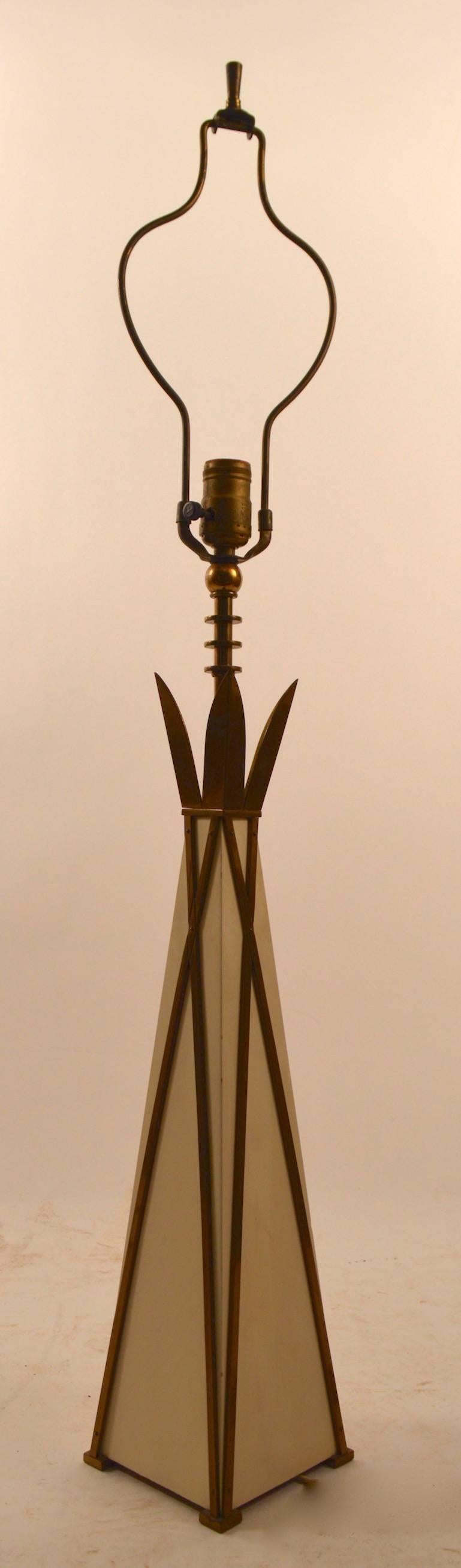 Great stylish pair of table lamps, pyramid form cream lacquer body with decorative brass 