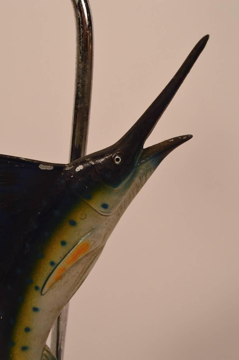 Sailfish motif lamp with cast metal sailfish base, and signed original hand painted shade (signed 