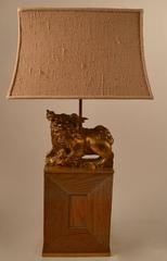 Pair of James Mont Gilt Foo Dog Lamps on Cerused Oak Bases