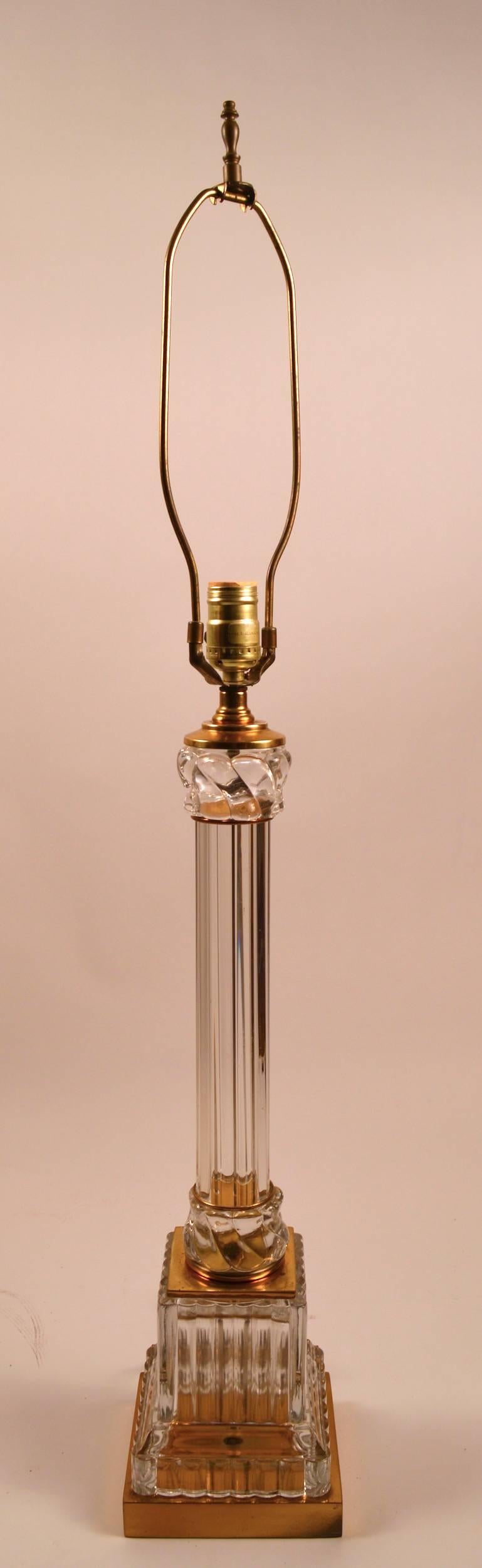 Cast glass and brass construction, classical style table lamp by Paul Hanson. Clean, original, working condition, shade not included. Height to top of socket 25.5