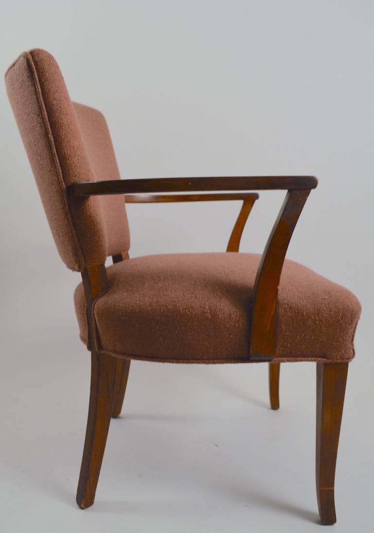 Pair of wood frame armchairs with upholstered seats and backs. The wood frames show cosmetic wear, the fabric shows minor cosmetic wear as well. These could be cleaned up and used as is or restored to be slick and polished if you choose. Arm height