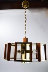 Hexagonal Brass Smoked Lucite and Wood Chandelier by Frederick Ramond