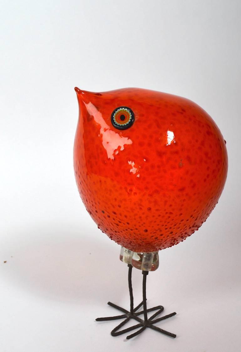 Classic Pulcino chick in textured orange glass, on copper legs. Executed by Alessandro Pianon for Vetreria Vistosi. This example has an extremely minor scratch on one side, we tried to photo, but as its so small it didn't really show in the images.
