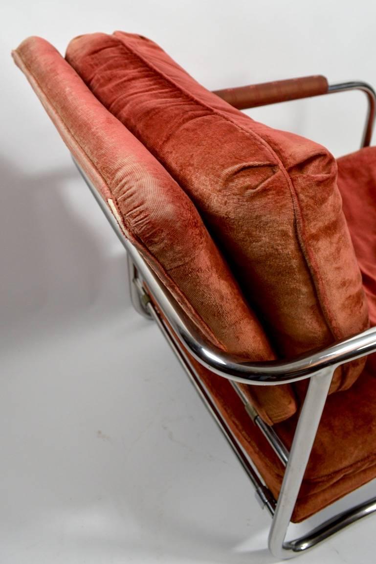 Upholstery Pair of Machine Age Art Deco Tubular Chrome Lounge Chairs