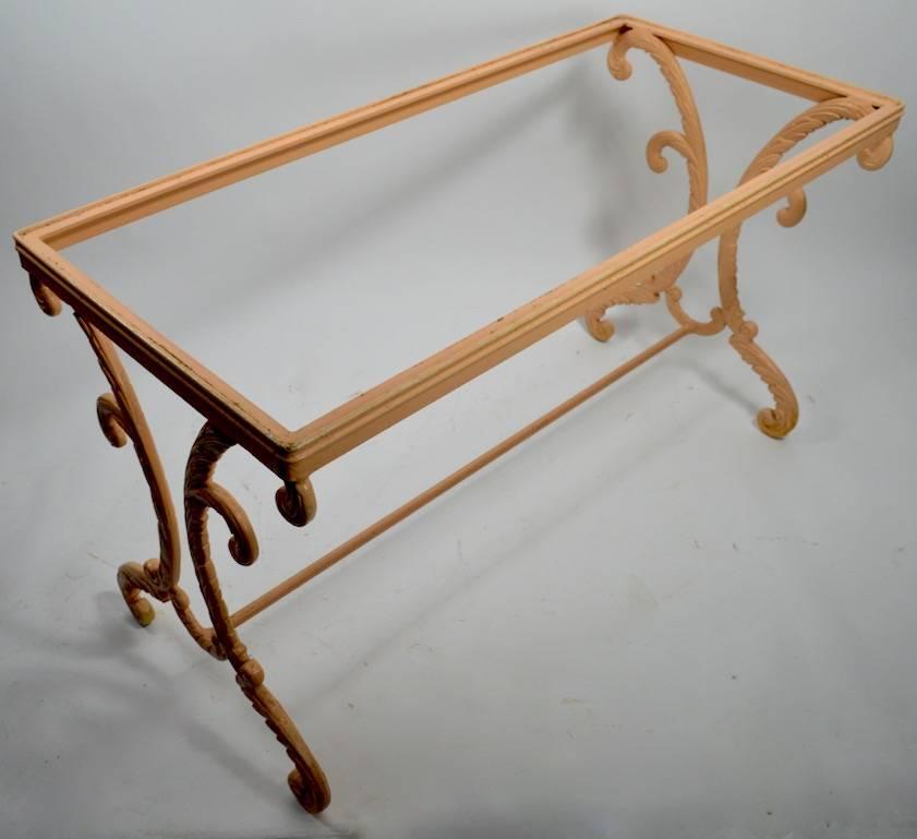 Great style cast aluminium console table, probably by Molla, Brown Jordan. Originally, this interesting table furnished the Adelphi Hotel, in Saratoga NY. It was removed as part of the recent restoration of this classic grande dame hotel. Table