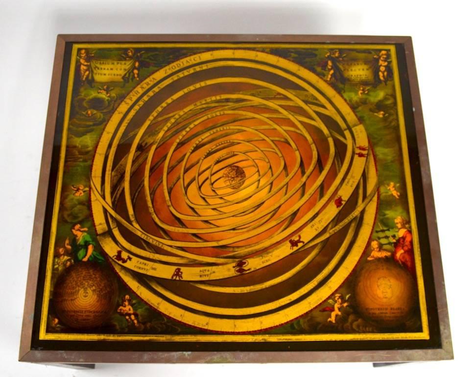 French Brass Bound Coffee Table with Ptolemaic Astrological Map Surface