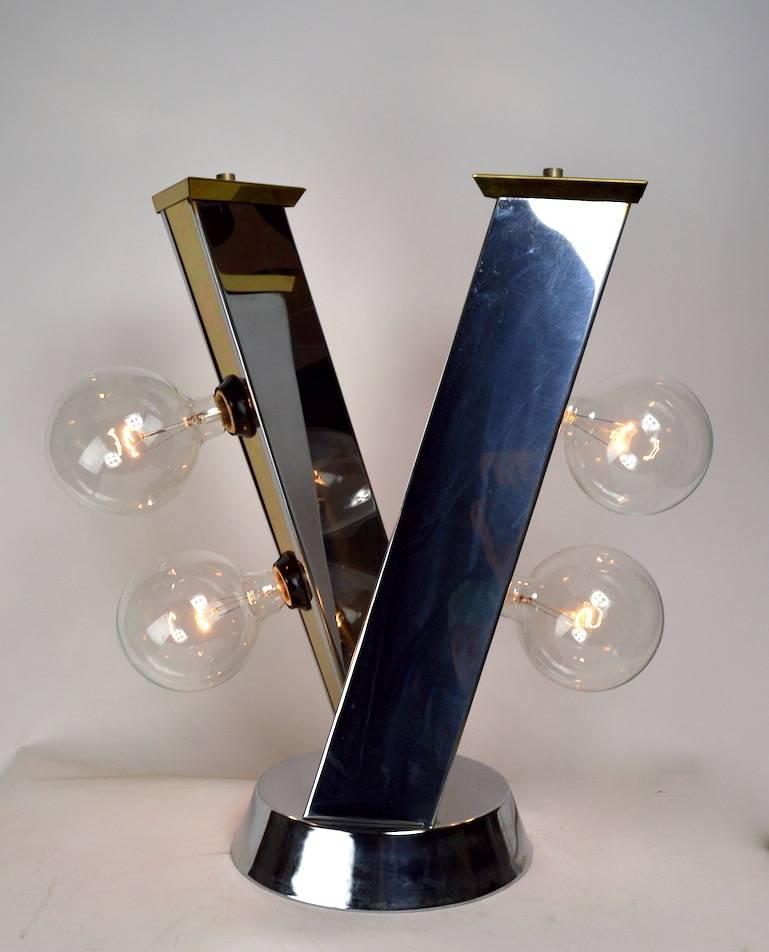 American Pair of Chrome and Brass Cityscape Style Lamps For Sale