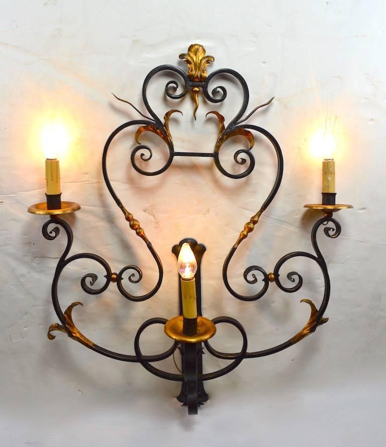 Spanish Colonial Large Paladio Wrought Iron and Gilt Italian or Spanish Style Sconce For Sale