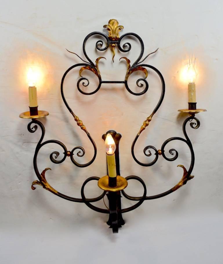 20th Century Large Paladio Wrought Iron and Gilt Italian or Spanish Style Sconce For Sale