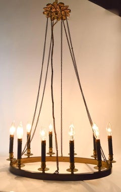 Classical Oval Ring Chandelier Brass and Blackened Metal Ten-Light Fixture