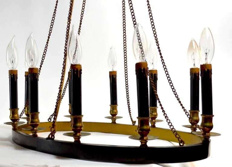 Classical Oval Ring Chandelier Brass and Blackened Metal TenLight