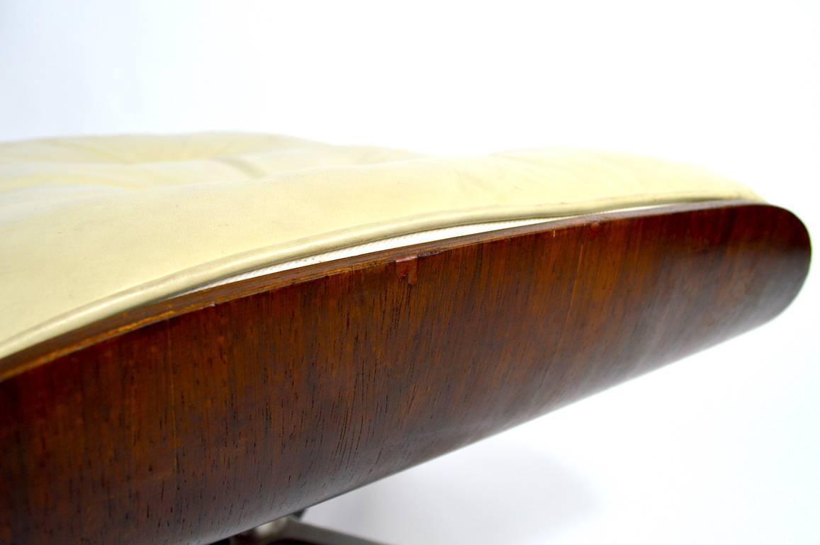 Mid-Century Modern Eames Cream Leather and Rosewood Ottoman