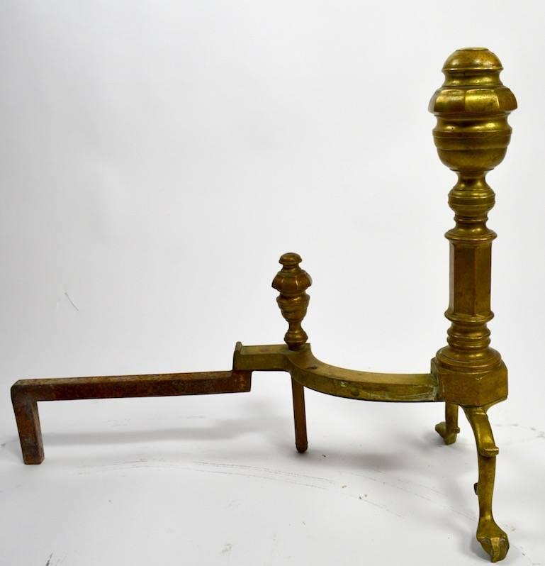 Nice pair of Chippendale Revival Andirons, solid brass complete with original log stops etc.