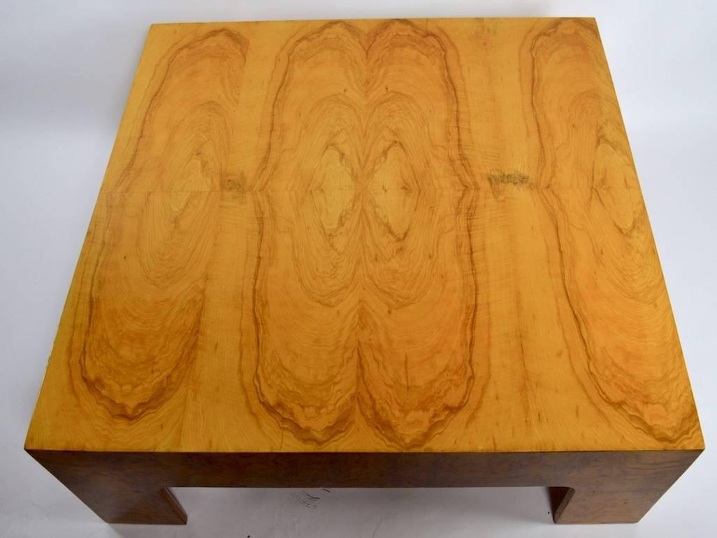 Exceptional figured veneer coffee table attributed Milo Baughman for Thayer Coggni. This example is in very good original condition, showing some slight cosmetic wear, normal and consistent with age. Brilliant wood grain and bold masculine form,