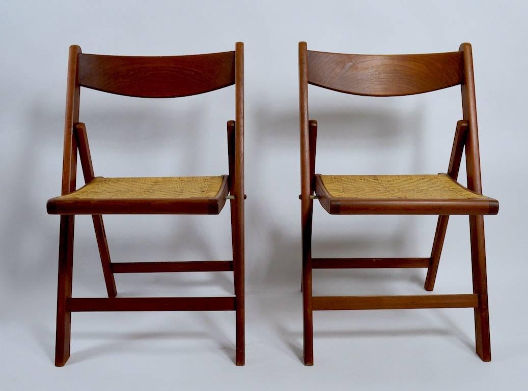Set of Four Danish Modern Folding Chairs of Solid Teak and Cane In Good Condition In New York, NY
