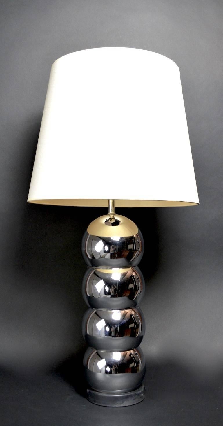 Stacked chrome ball table lamp, attributed to Kovacs Lighting. Clean original, working condition. Lamp shows minor cosmetic wear, normal and consistent with age, shade not included. 22.75