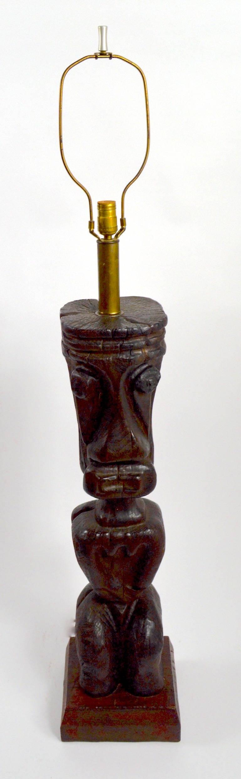 Large-scale carved wood Tiki lamp designed by William Westenhaver for Witco.