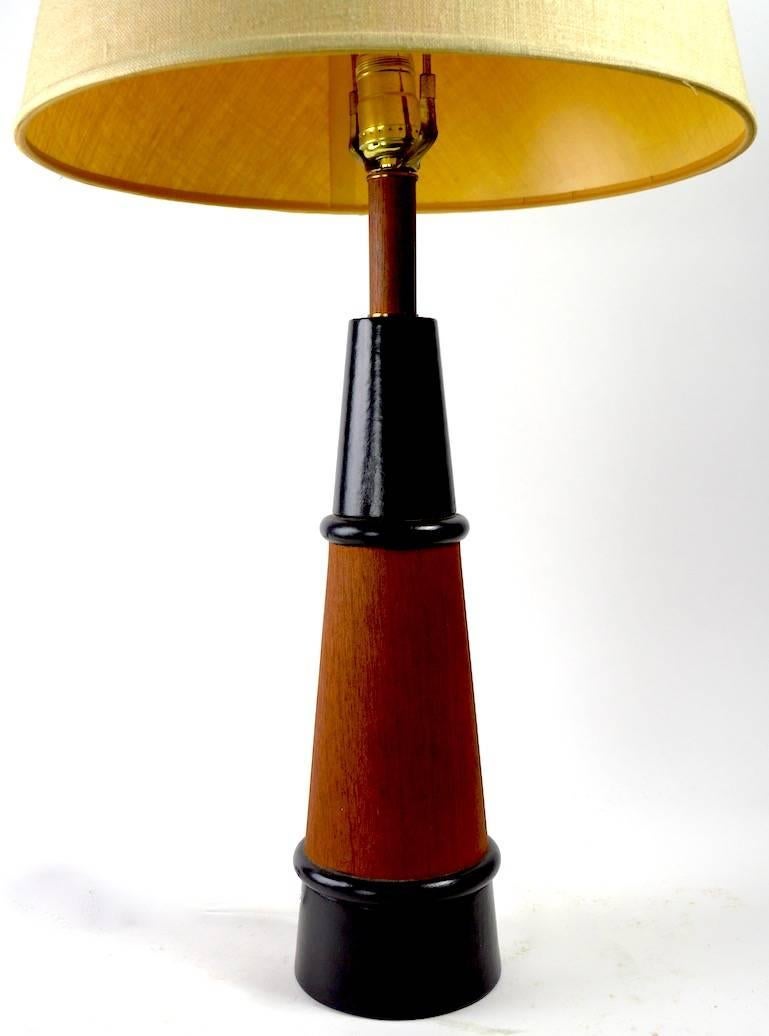 Conical form teak and leather table lamp, Danish modern style. Clean, original ready to use, shade not included.