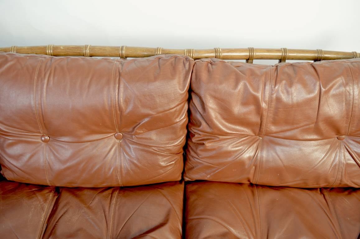 Mid-Century Modern Incredible Leather, Ash and Rattan Sofa