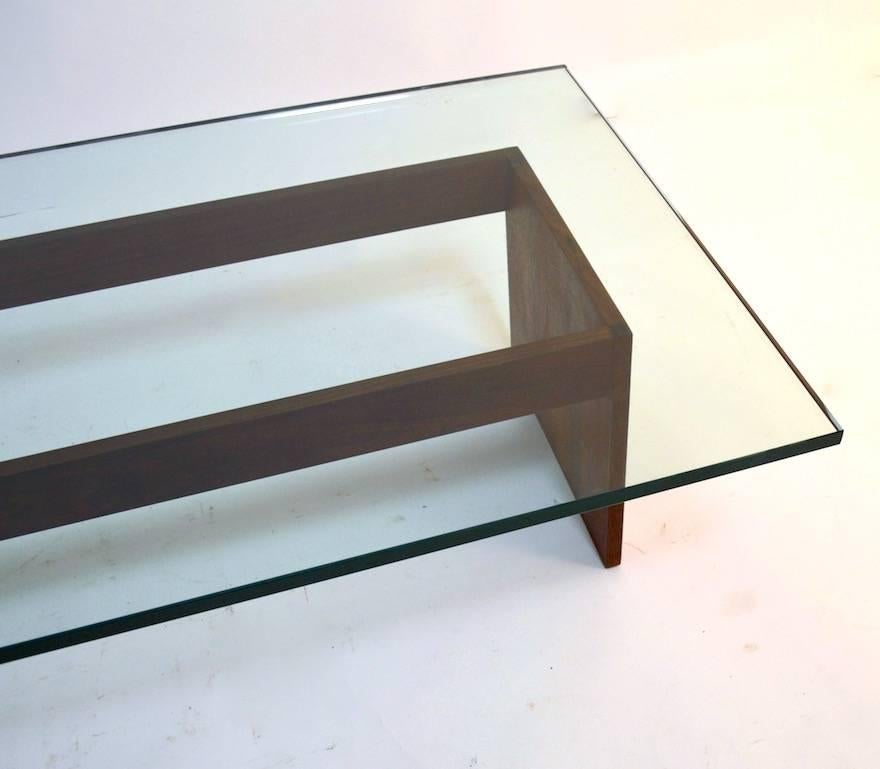 Great style and quality Minimalist school coffee table. Walnut base supports original thick plate (.75