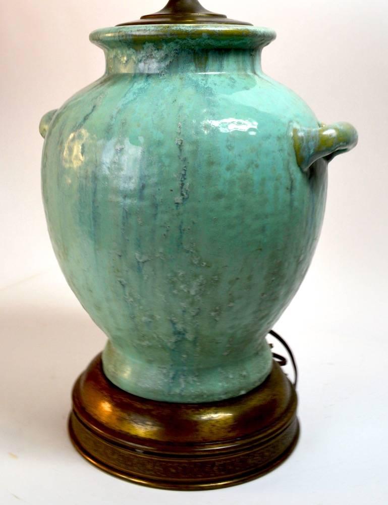 Large pottery vessel mounted as a lamp, vase by Fulper Pottery. American Arts & Crafts item with Chinese influence in the form and glaze application. Height to top of vase 14