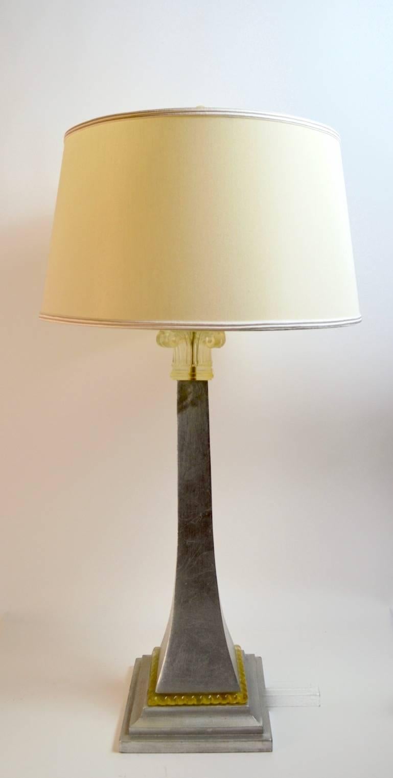 Silver gilt and cast resin stylized column lamp, in clean, original, working condition, original shade included. Measures: Shade 17