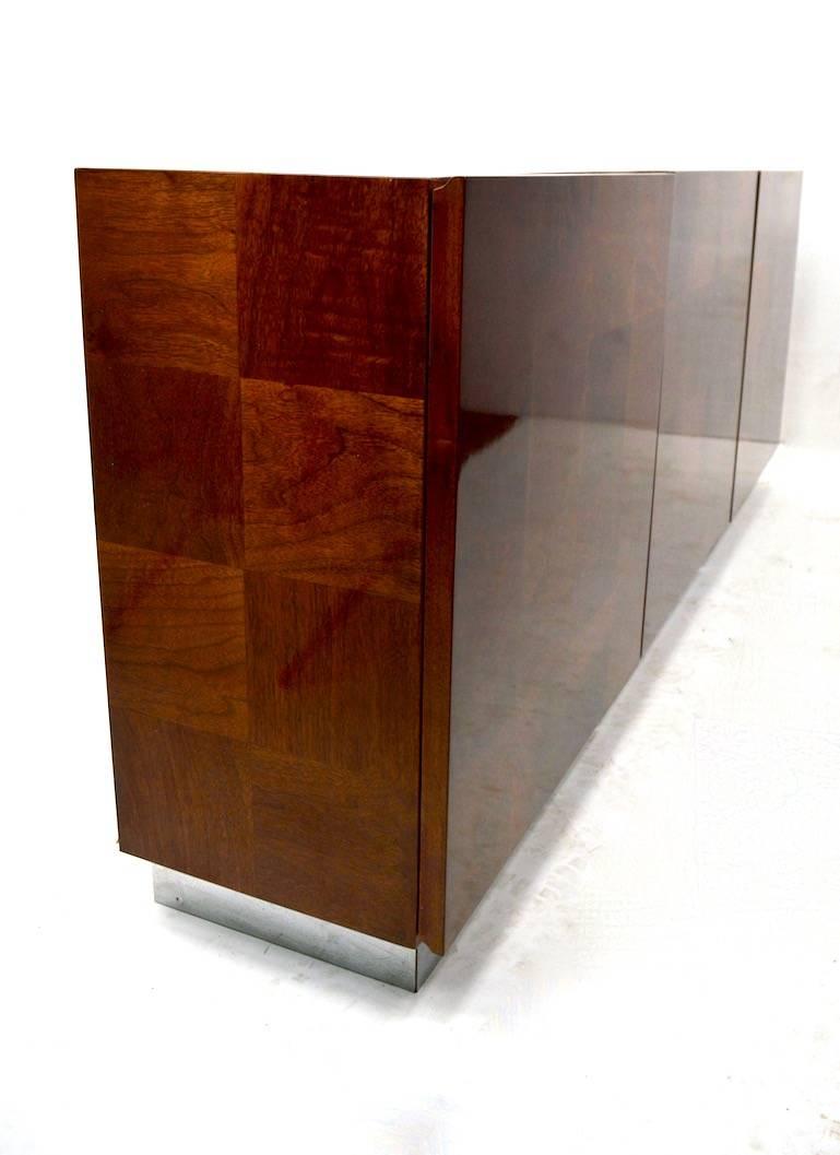 Wood Baughman Credenza Server Sideboard Patchwork Veneer on Bright Chrome Plinth