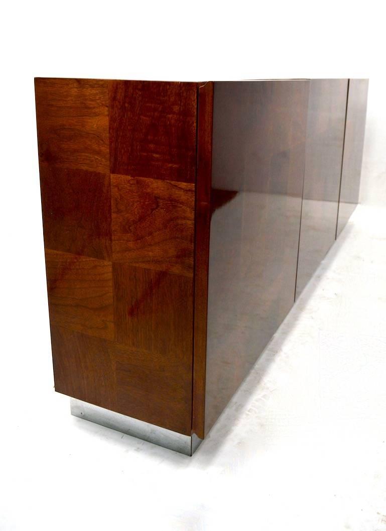 Wood Baughman Credenza Server Sideboard Patchwork Veneer on Bright Chrome Plinth 