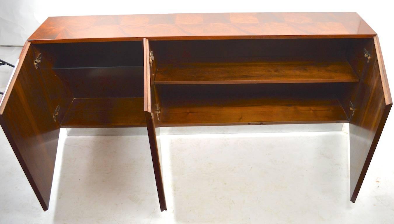 Mid-Century Modern Baughman Credenza Server Sideboard Patchwork Veneer on Bright Chrome Plinth 