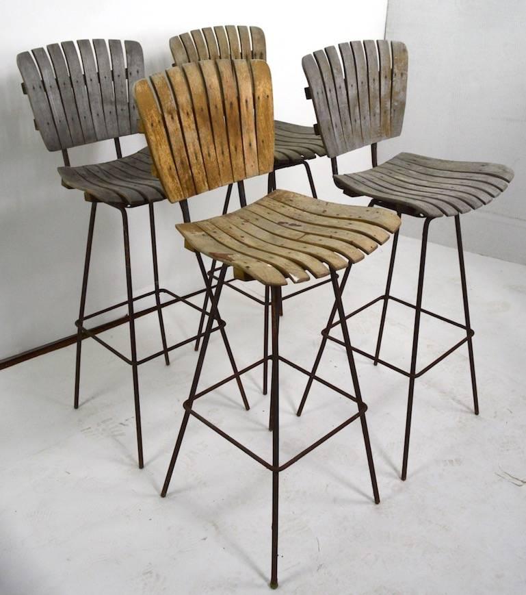 Mid-Century Modern Four Weathered Wood Stools by Umanoff