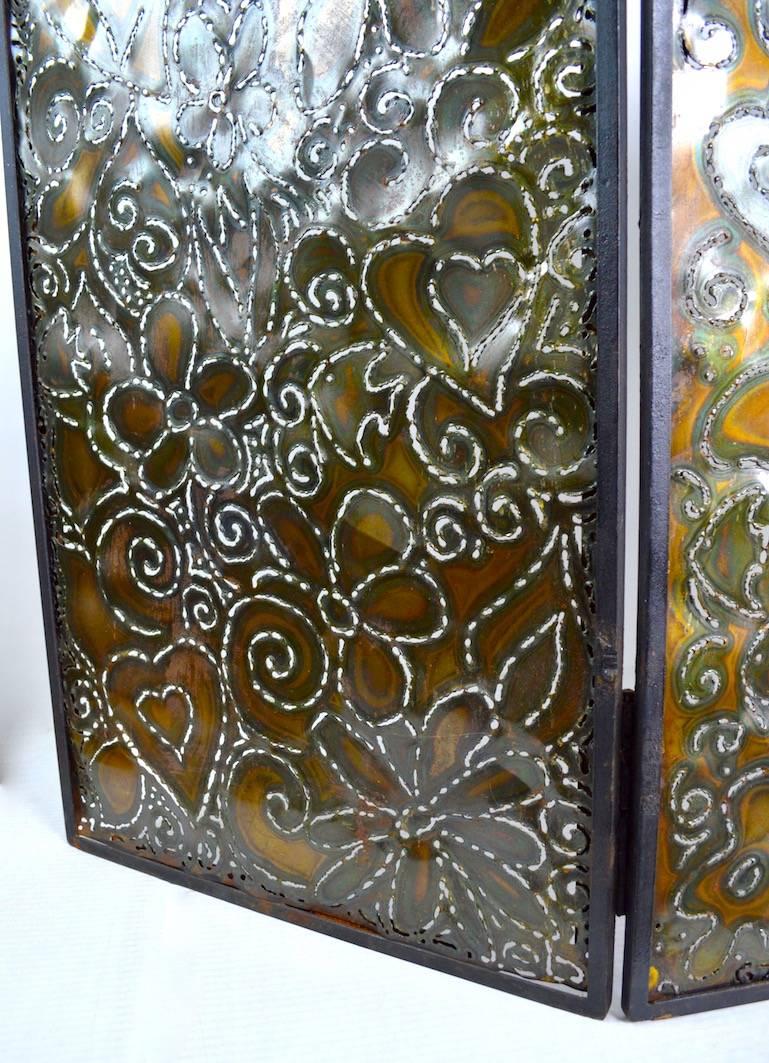 20th Century Brutalist Folding Fire Screen Iron and Pierced Copper