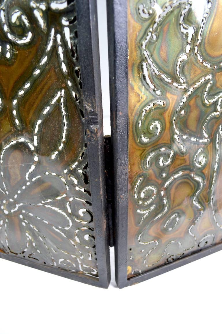 Brutalist Folding Fire Screen Iron and Pierced Copper 4