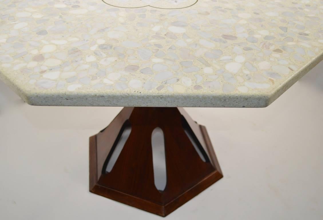 Rare octagonal Harvey Probber style dining table, marble-top table with hourglass form base. Very clean, original, ready to use condition. Great for dining or centre table use. Top 1.25 inch thick.
 