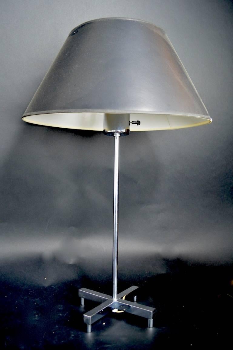 Modernist chrome X-base table lamp, attributed to Sonneman. Vintage shade not included.