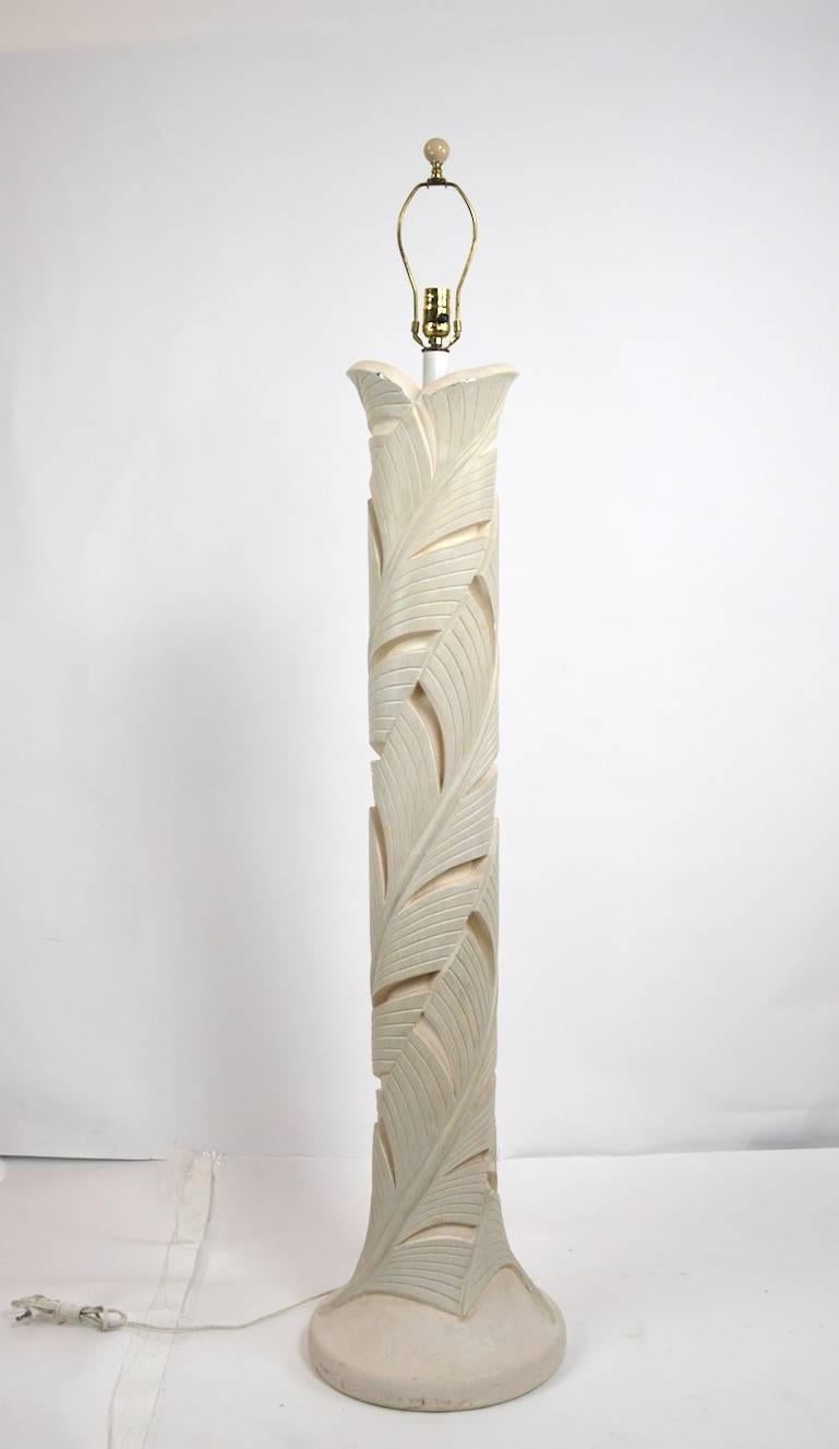 Cast plaster deep relief foliate pattern floor lamp. This example is in good working, original, condition. Stylish Art Deco Revival, off white finish, shade not included. Measures: Diameter of base 12, diameter of column 8.5, height to top of