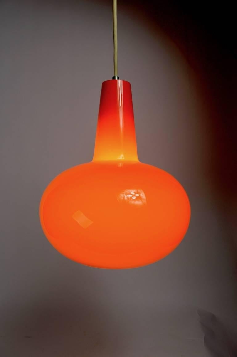 Colored Glass Pendant by Prescolite Orange Pair Available In Excellent Condition In New York, NY