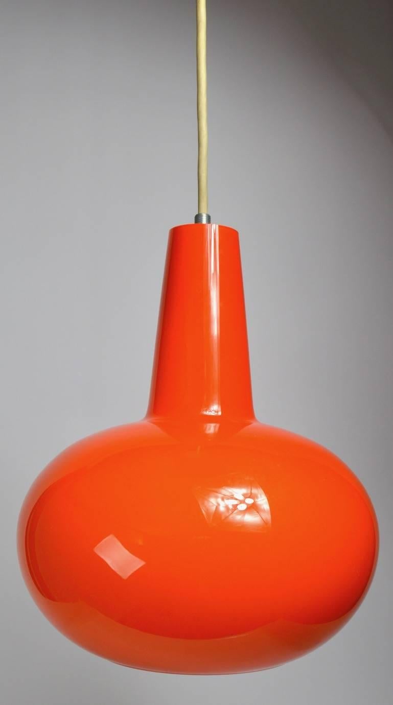 American Colored Glass Pendant by Prescolite Orange Pair Available