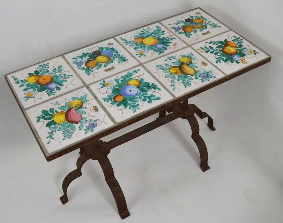 Ceramic Italian Tile-Top Table with Wrought Iron Base