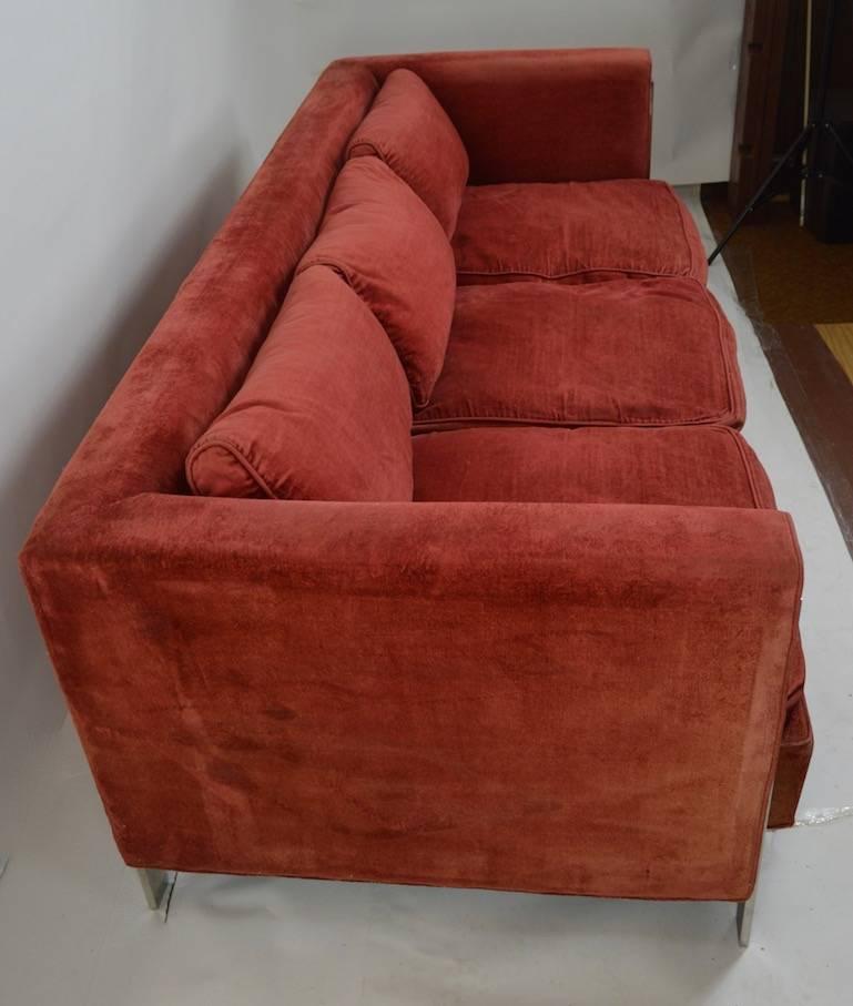 American Chrome and Velvet Sofa Attributed to Baughman