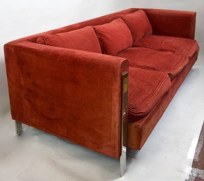 Mid-Century Modern Chrome and Velvet Sofa Attributed to Baughman