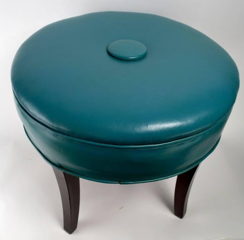 20th Century Vanity Stool Pouf in Original Turquoise Leather Upholstery