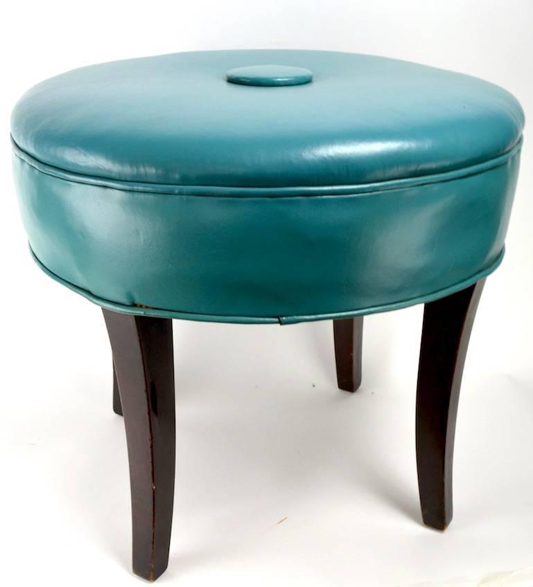 Vanity Stool Pouf in Original Turquoise Leather Upholstery In Good Condition In New York, NY