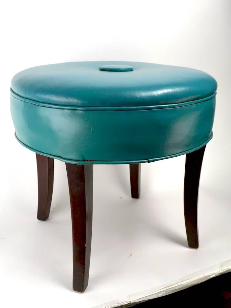 Art Deco Vanity Stool Pouf in Original Turquoise Leather Upholstery
