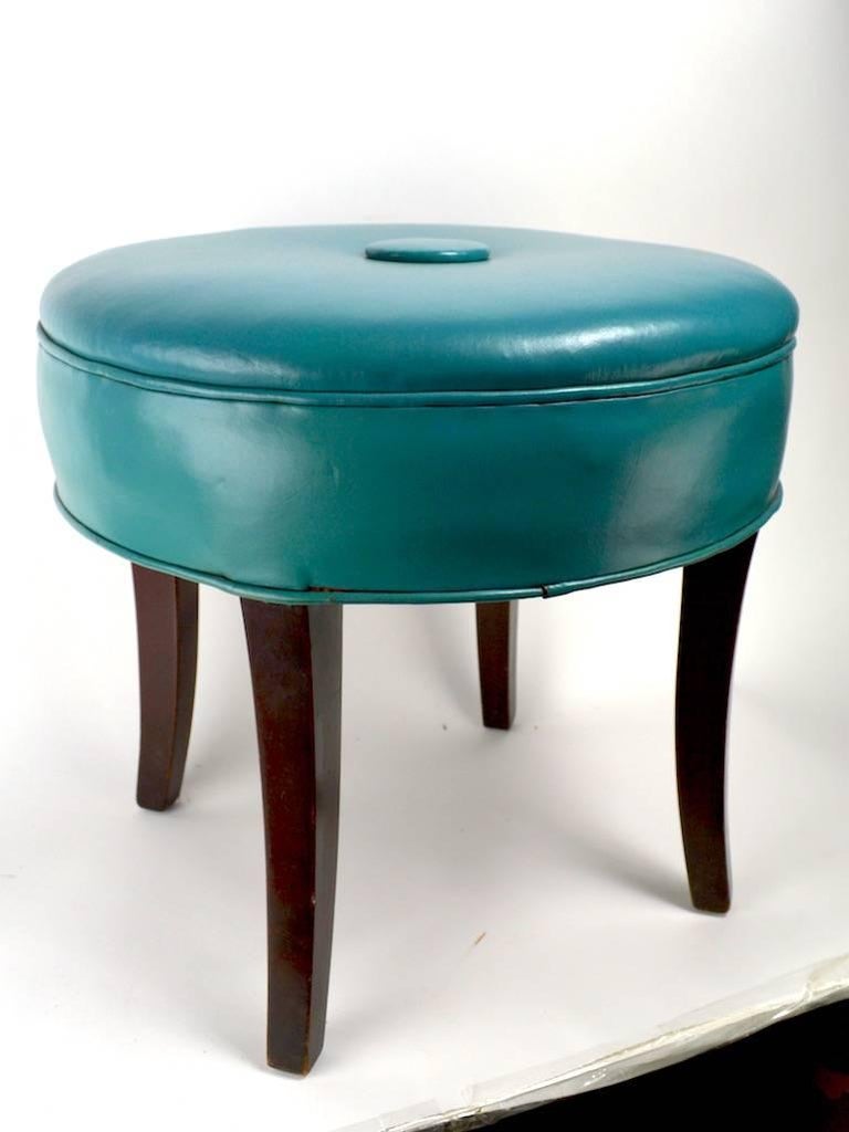 Vanity Stool Pouf in Original Turquoise Leather Upholstery at 1stDibs