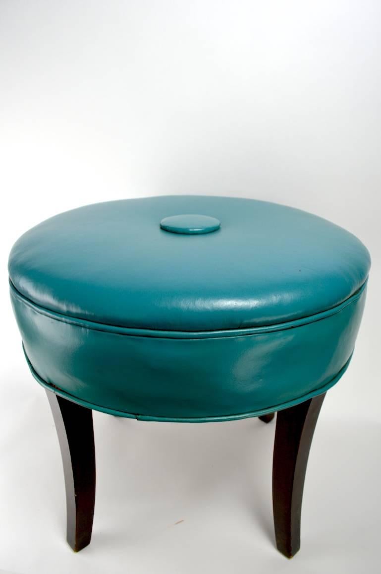 American Vanity Stool Pouf in Original Turquoise Leather Upholstery