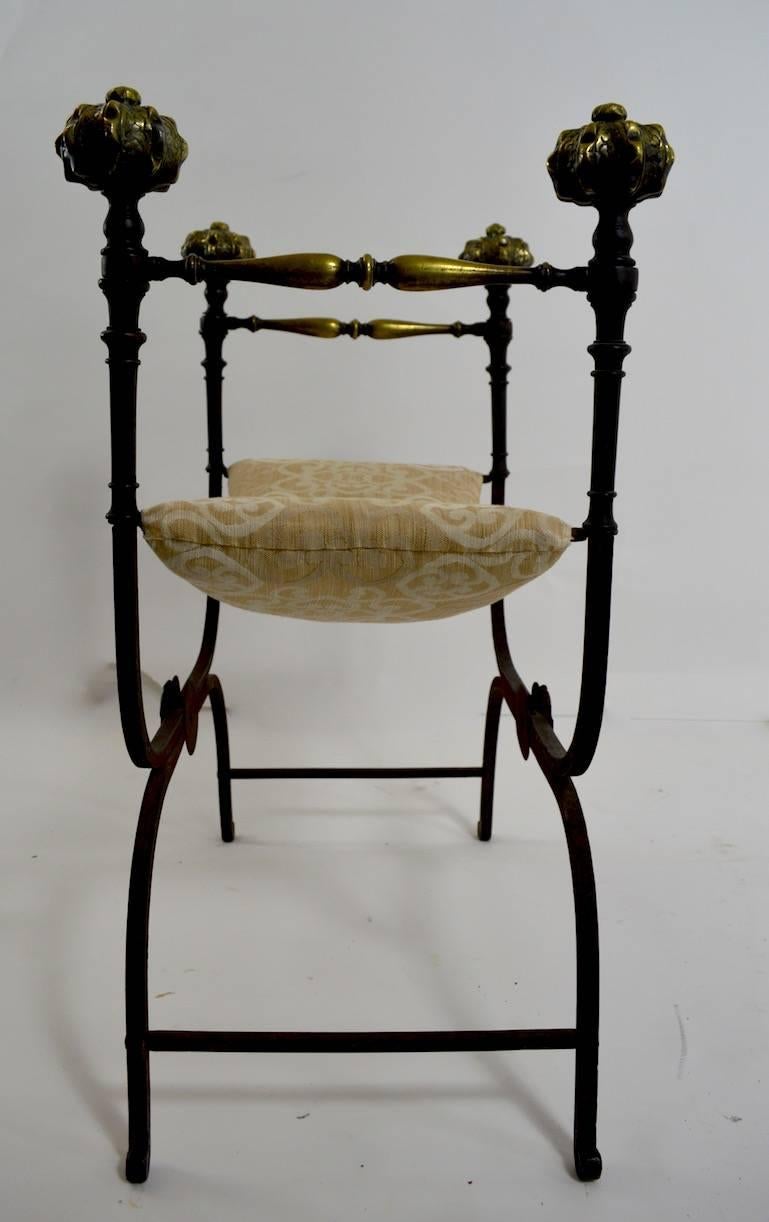 Brass Pair of Italian Savonarola Curule Bench Seat Chairs