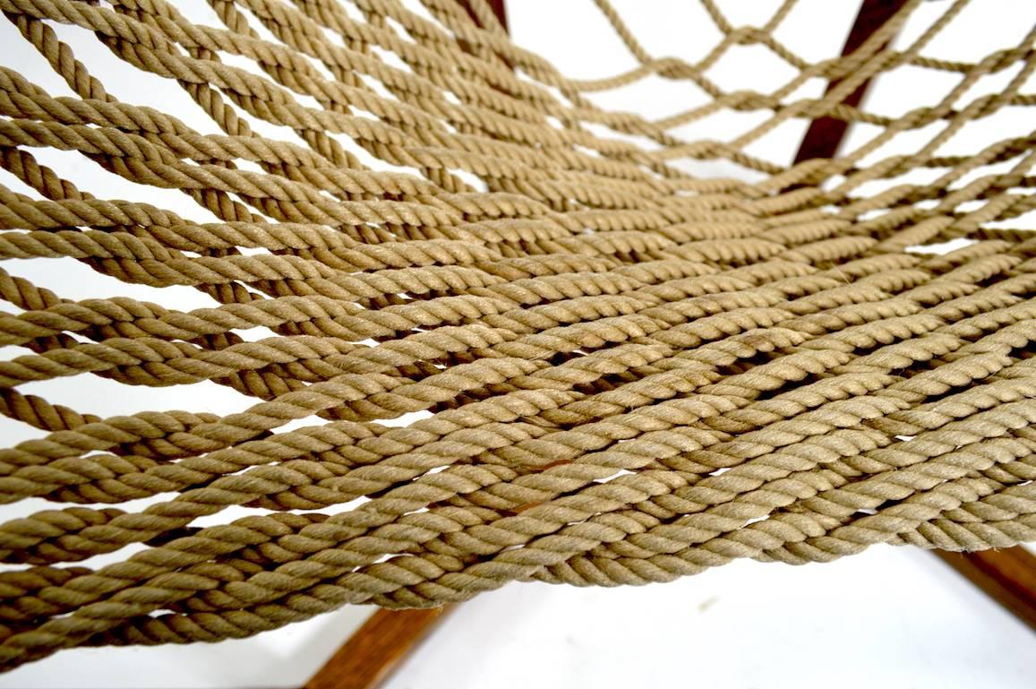 Scandinavian Modern Rope Net Sling Chair with Exposed Oak Frame
